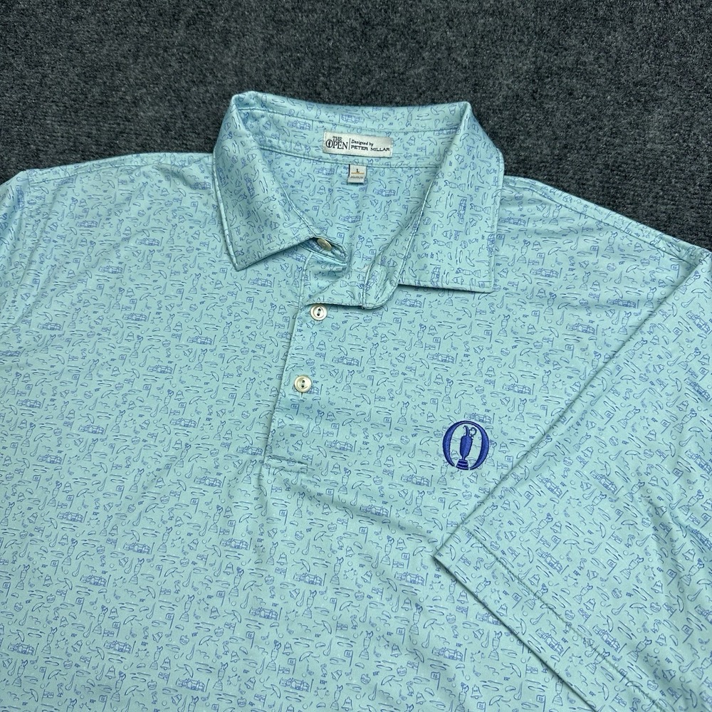 Peter Millar The Open Summer Comfort Polo Shirt Mens Large Blue Geometric 151st